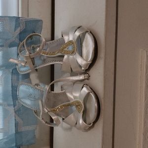 White satin sandals, strappy, size 6.5 M